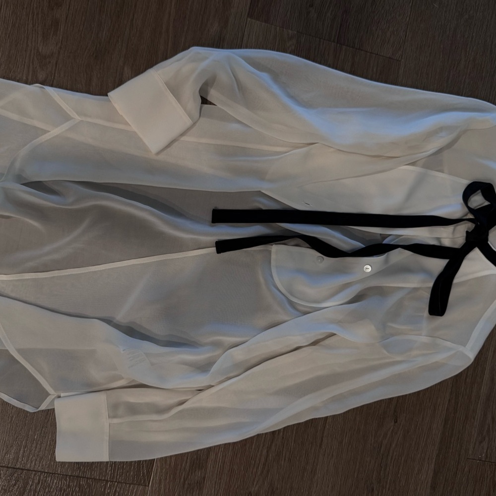 CLUB MONACO Sheer White Blouse with Black Bow Tie